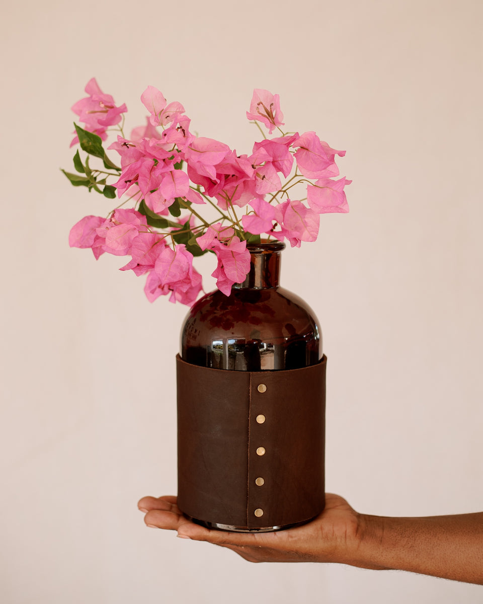 Vaz Flè Amber Vase with Leather Sleeve Haiti Made