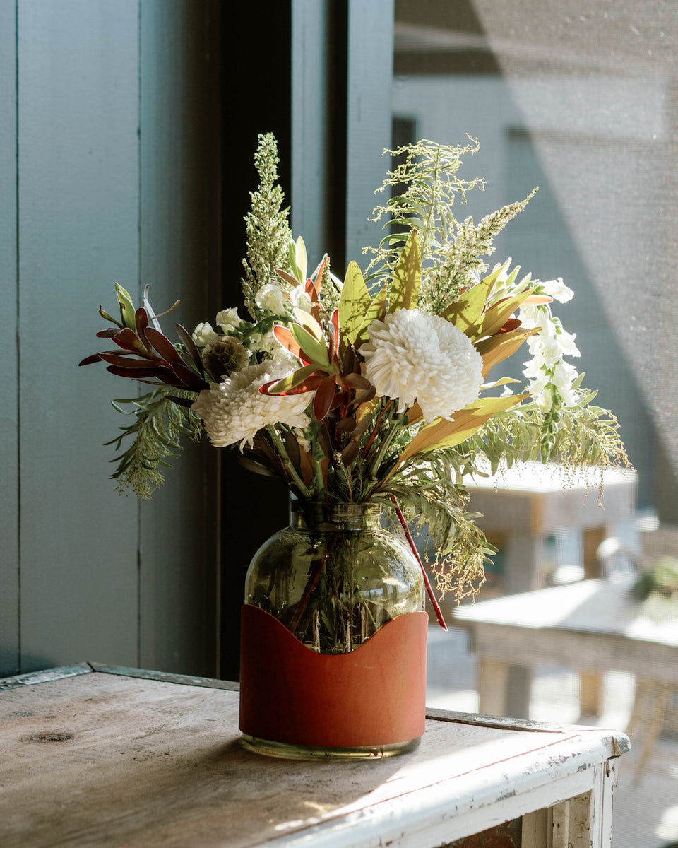 Vaz Flè Green Vase with Leather Sleeve Haiti Made